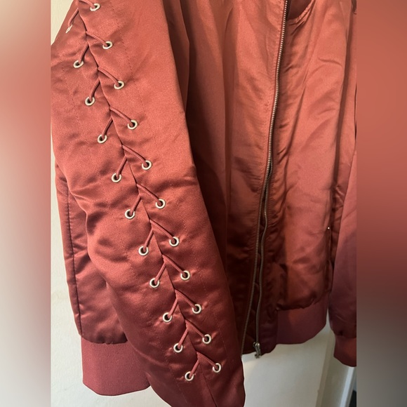 Forever 21 maroon satin bomber jacket with lace up sleeves - Picture 3 of 12